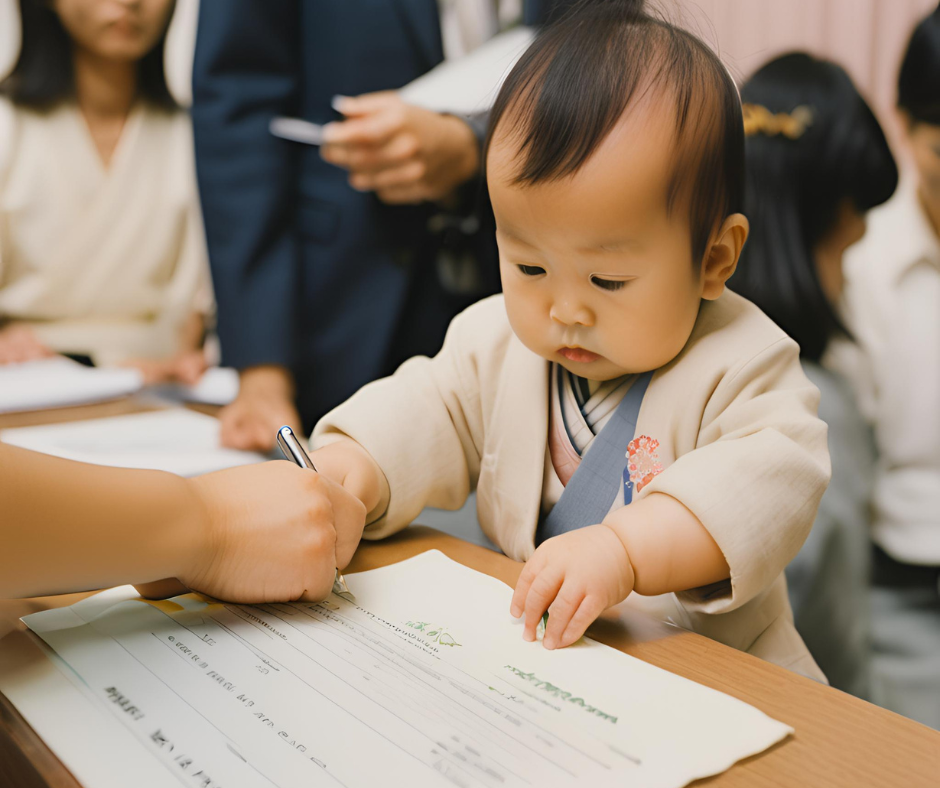 赤ちゃんが書類を提出している画像